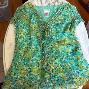 Vintage Floral Green and Yellow Women Top and Skirt Set